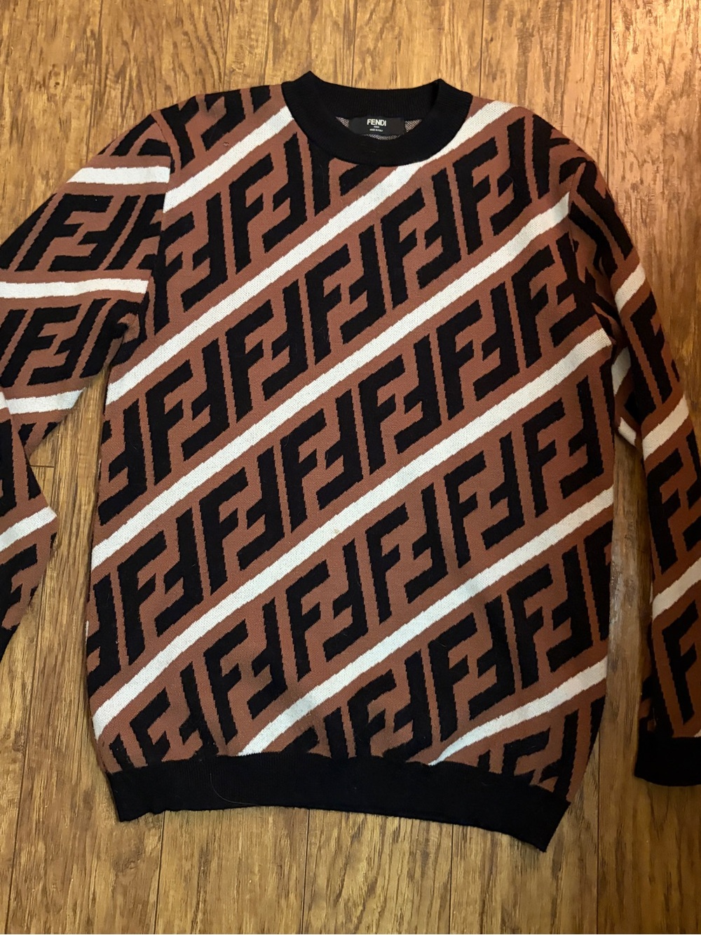 Fendi Brown Black and Cream FF Diagonal-Stripe Crewneck Sweater